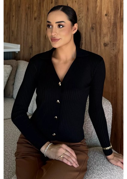Kadın Polo Yaka Gold Düğmeli Triko Hırka (S-M-L Beden Uyumludur.) P-00018416 fiyatları