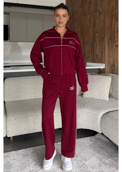 Kadın Şeritli Bel Lastikli Palazzo Pantolon Fermuarlı Sweat Ikili Takım P-00018397