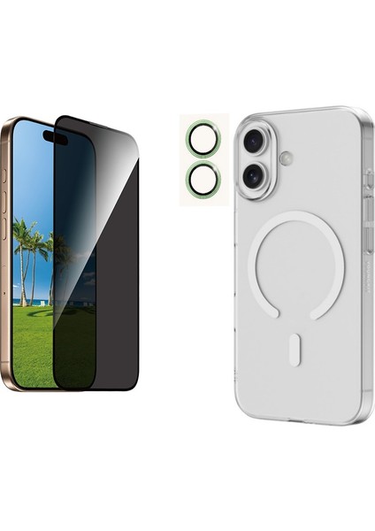 Iphone 17 Şeffaf Mika Magsafe Kılıf + Antistatik Hayalet Ekran Koruyucu + Kamera Koruyucu Yeşil