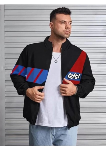 Unisex Uzun Koll Fermuarlı Baskılı Rüzgarlik - Siyah fiyatları