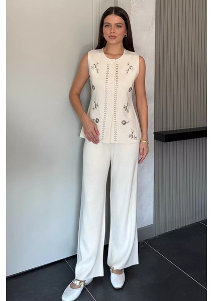Kadın Taş Işlemeli Triko Pantolon Yelek Ikili Takım P-00018359