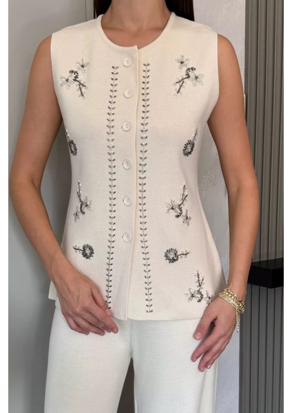 Kadın Taş Işlemeli Triko Pantolon Yelek Ikili Takım P-00018359 modelleri