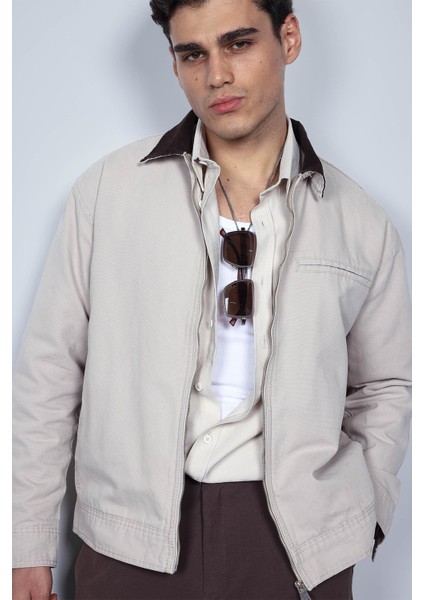 Erkek Kontrast Yakalı Regular Fit Denim Ceket Bej