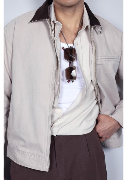 Erkek Kontrast Yakalı Regular Fit Denim Ceket Bej fiyatları