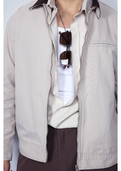 Erkek Kontrast Yakalı Regular Fit Denim Ceket Bej modelleri