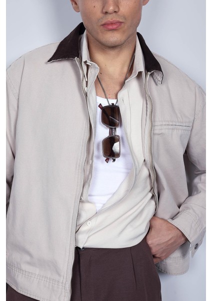 Erkek Kontrast Yakalı Regular Fit Denim Ceket Bej fırsatları