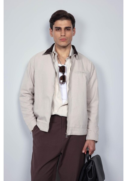 Erkek Kontrast Yakalı Regular Fit Denim Ceket Bej indirimleri