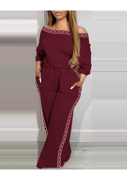 Kadın Uzun Kollu Omuzlardan Açık Beli Lastikli Cepli Şerit Desenli Viskon Iki Iplik Tulum