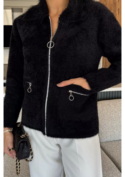 Kadın Peluş Yaka Çift Cepli Yumoş Triko Ceket P-00018360