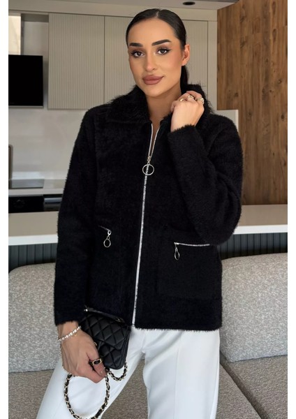 Kadın Peluş Yaka Çift Cepli Yumoş Triko Ceket P-00018360 fiyatları