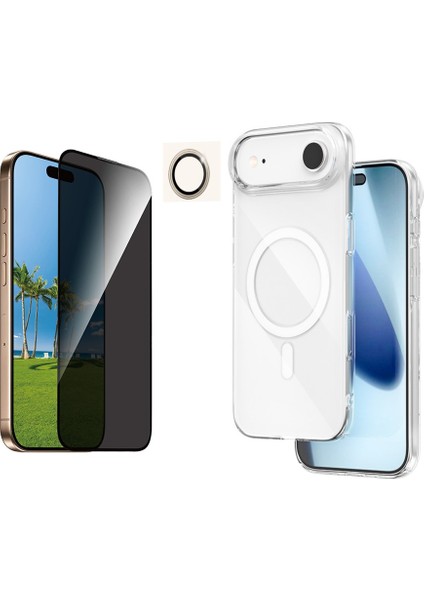 Iphone 17 Air Şeffaf Mika Magsafe Kılıf + Antistatik Hayalet Ekran Koruyucu + Kamera Koruyucu Gold