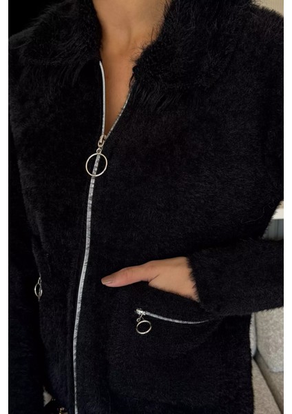 Kadın Peluş Yaka Çift Cepli Yumoş Triko Ceket P-00018360 modelleri