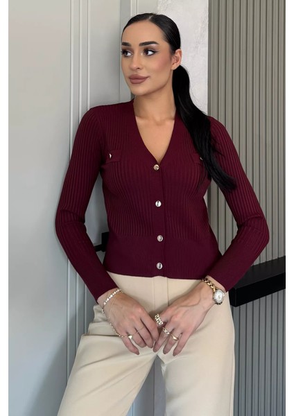 Kadın Kendinden Çizgi Desenli Gold Düğme Detaylı Triko Hırka (S-M-L Beden Uyumludur.) P-00018417