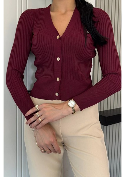 Kadın Kendinden Çizgi Desenli Gold Düğme Detaylı Triko Hırka (S-M-L Beden Uyumludur.) P-00018417 fiyatları