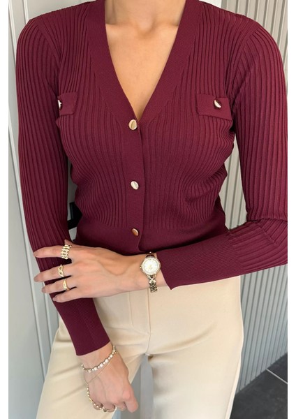 Kadın Kendinden Çizgi Desenli Gold Düğme Detaylı Triko Hırka (S-M-L Beden Uyumludur.) P-00018417 modelleri