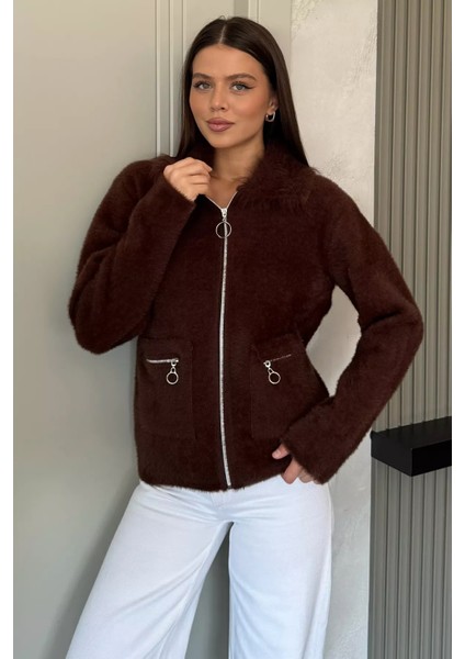 Kadın Peluş Yaka Çift Cepli Yumoş Triko Ceket P-00018360