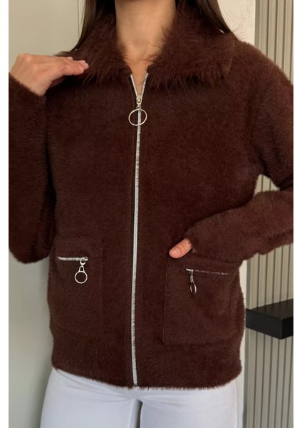 Kadın Peluş Yaka Çift Cepli Yumoş Triko Ceket P-00018360 fiyatları