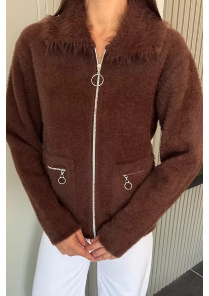 Kadın Peluş Yaka Çift Cepli Yumoş Triko Ceket P-00018360 modelleri