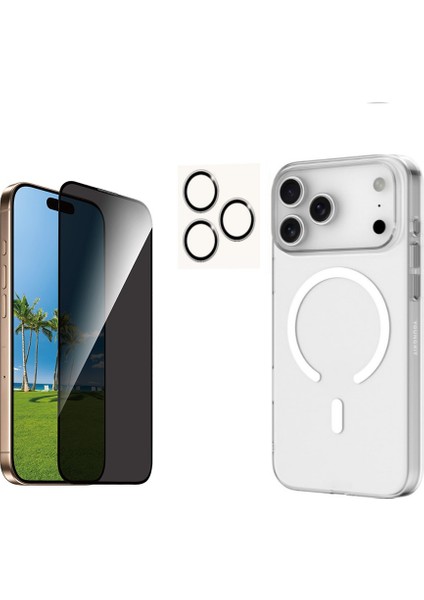 Iphone 17 Pro Max Şeffaf Mika Magsafe Kılıf + Antistatik Hayalet Ekran Koruyucu + Kamera Koruyucu Gümüş