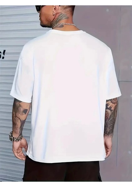 Baskılı Oversize Bisiklet Yaka T-Shirt - Beyaz modelleri