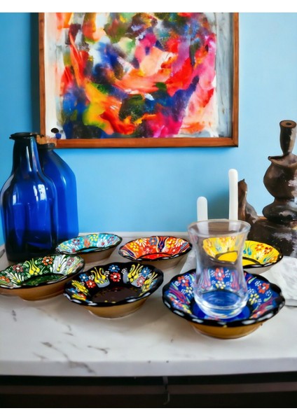 Renkli Çini Çay Tabağı Seti, Otantik Desen, Dantel Kabartma, 6 Parça