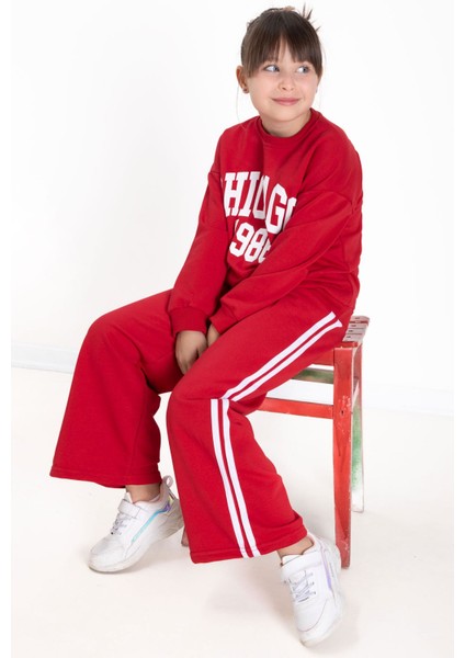 Kırmızı Chicago Baskılı Kız Çocuk Şeritli Eşofman Takımı 22742