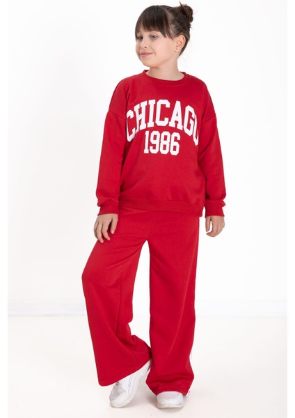 Kırmızı Chicago Baskılı Kız Çocuk Şeritli Eşofman Takımı 22742 fiyatları