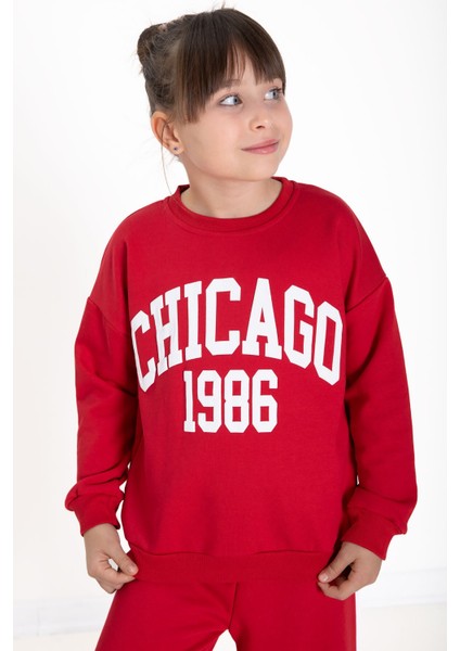 Kırmızı Chicago Baskılı Kız Çocuk Şeritli Eşofman Takımı 22742 fırsatları