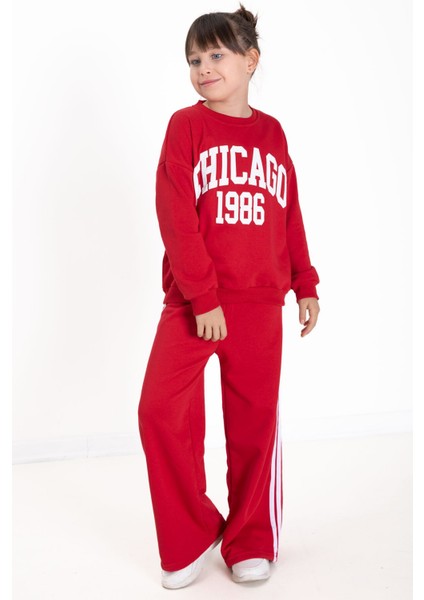 Kırmızı Chicago Baskılı Kız Çocuk Şeritli Eşofman Takımı 22742 indirimleri