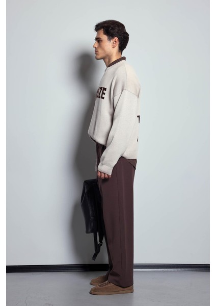 Erkek Oversize Yazı Baskılı Kazak Bej indirimleri