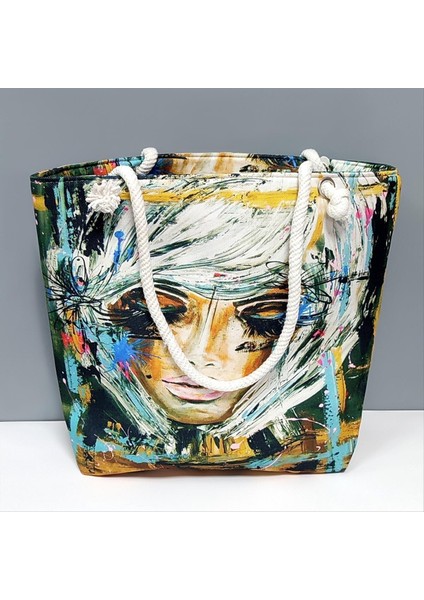 Zengezur Bayan Yüz Desenli Plaj Çantası-Sarı