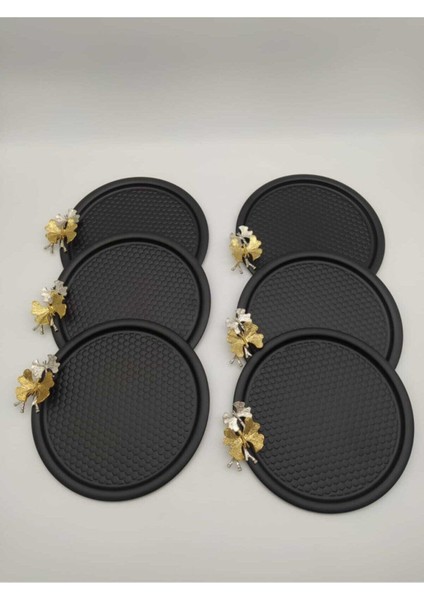 6'lı Kelebekli Yuvarlak Desenli Siyah Sunum Servis Tepsisi 23 cm