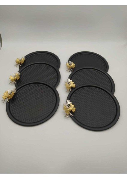 6'lı Kelebekli Yuvarlak Desenli Siyah Sunum Servis Tepsisi 23 cm fiyatları