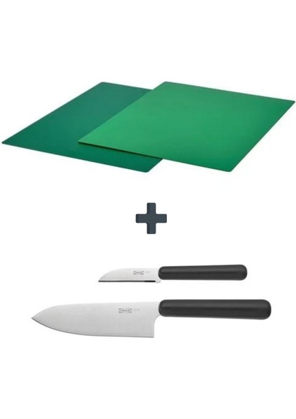 Yeşil Kesme Tahtası 28X36 cm 2'li Set ve Gri Bıçak Seti 2'li Paket