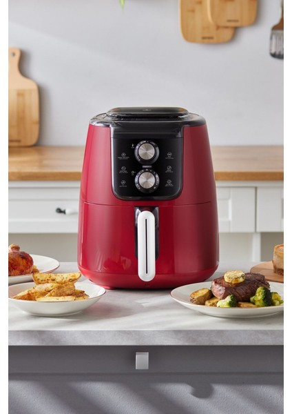 Kırmızı Airfryer Manuel Xl, 4 Kişilik, Sağlıklı ve Pratik Pişirme Cihazı