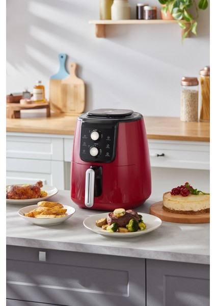Kırmızı Airfryer Manuel Xl, 4 Kişilik, Sağlıklı ve Pratik Pişirme Cihazı