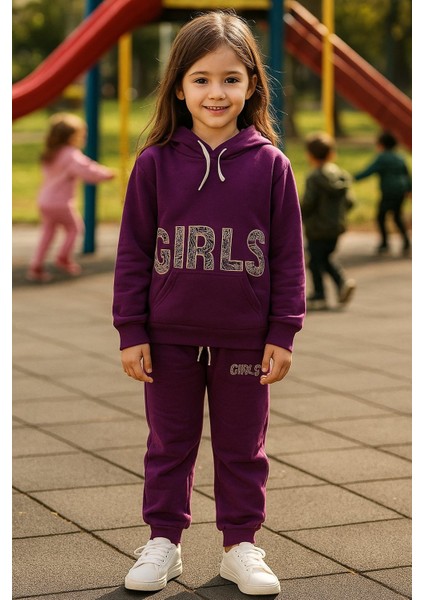 Kız Çocuk Kapüşonlu Eşofman Takımı (Sweatshirt + Alt) I Yazılı Eşofman Takımı Esnek Mevsimlik modelleri