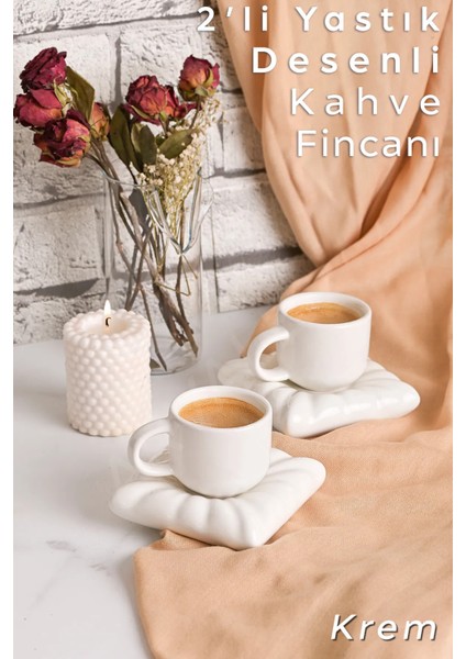 Iki Adet Bej Kahve Fincanı, Minder Figürlü, 90 Ml, Şık ve Kullanışlı Set