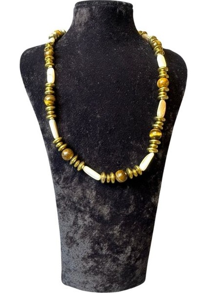0140 El Yapımı Gold Hematit / Kaplan Gözü ve Sedef Doğal Taş Kolye