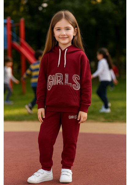 Kız Çocuk Kapüşonlu Eşofman Takımı (Sweatshirt + Alt) I Yazılı Eşofman Takımı Esnek Mevsimlik