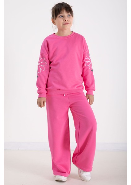 Pembe Kolları Papatya Nakışlı Bisiklet Yaka Kız Çocuk Eşofman Takımı 22743