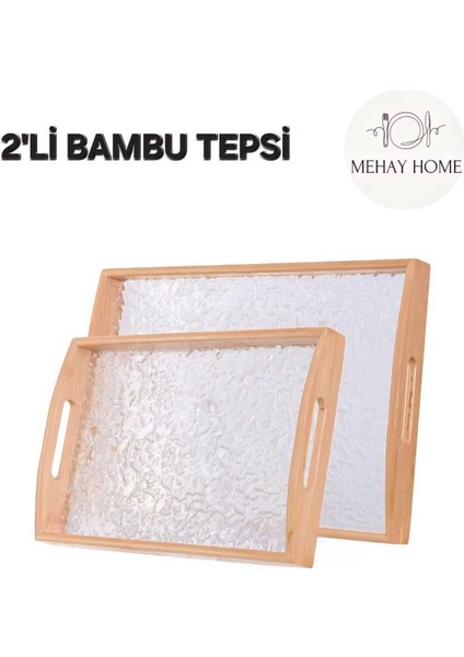 Bambu Mıka Şeffaf Dikdörtgen Servis Tepsisi 33CM ve 40CM, Kulplu, Şık ve Kullanışlı