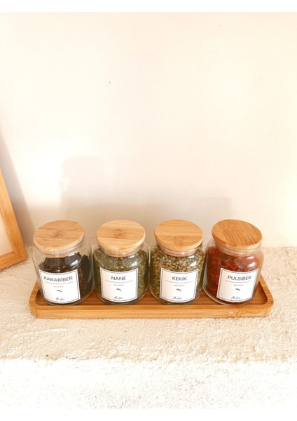 Bambu Kapaklı 4'lü Cam Baharat Seti, 16 Etiketli ve Vakumlu Kapaklı Tasarım fırsatları