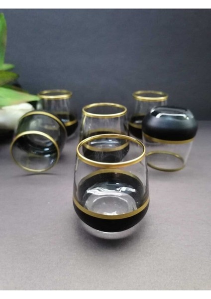Şeritli Dekorlu Mini Kahve Yanı Su Bardağı Seti 6'lı 115 cc Siyah