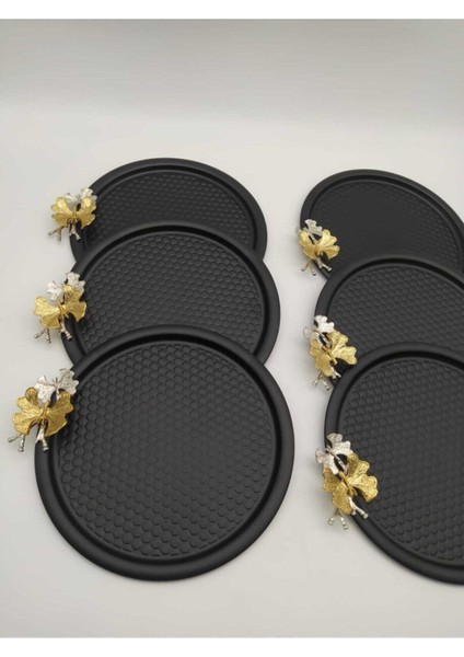 6'lı Kelebekli Yuvarlak Desenli Siyah Servis Tepsisi, 23 cm modelleri