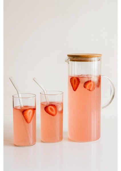 Beyaz 5 Parça Su ve Sürahi Seti, 2000 ml Sürahi, 2 Bardak, 2 Cam Pipet