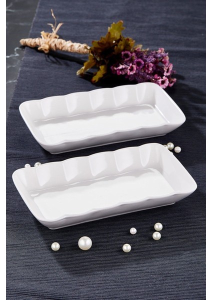 Beyaz 4'lü Seramik Salata ve Sunum Kayık Tabak Seti, Damla Serisi