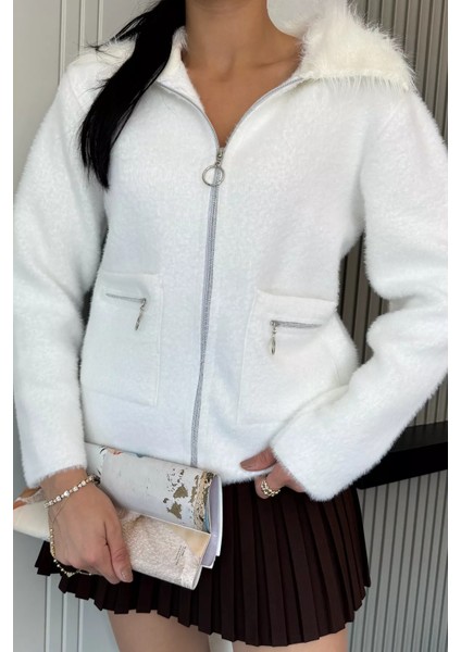 Kadın Peluş Yaka Çift Cepli Yumoş Triko Ceket P-00018360