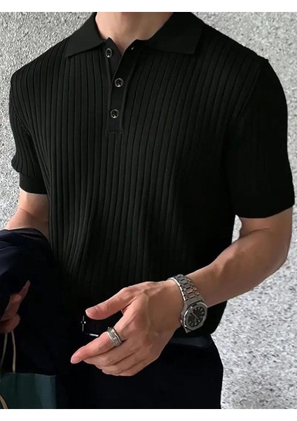 Erkek Kısa Kollu Yakalı Yakadan Düğmeli Triko Bluz