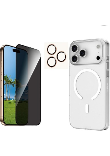 Iphone 17 Pro Max Şeffaf Mika Magsafe Kılıf + Antistatik Hayalet Ekran Koruyucu + Kamera Koruyucu Turuncu
